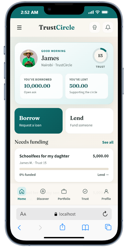 TrustCircle home — trust score, borrow and lend